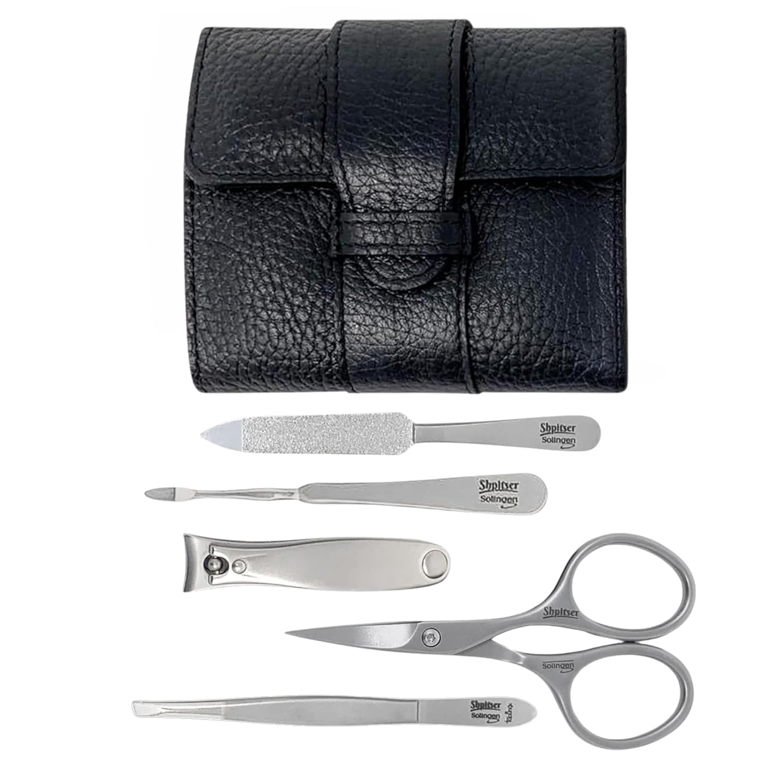 Shpitser Nail Kit, Manicure and Pedicure Women Set of 5 tools: Scissors, Clipper, Tweezers, Nail Cleaner, Nail File, Made in Solingen, Germany, Sturdy Stainless Steel, In Italian Leather Case (Black)