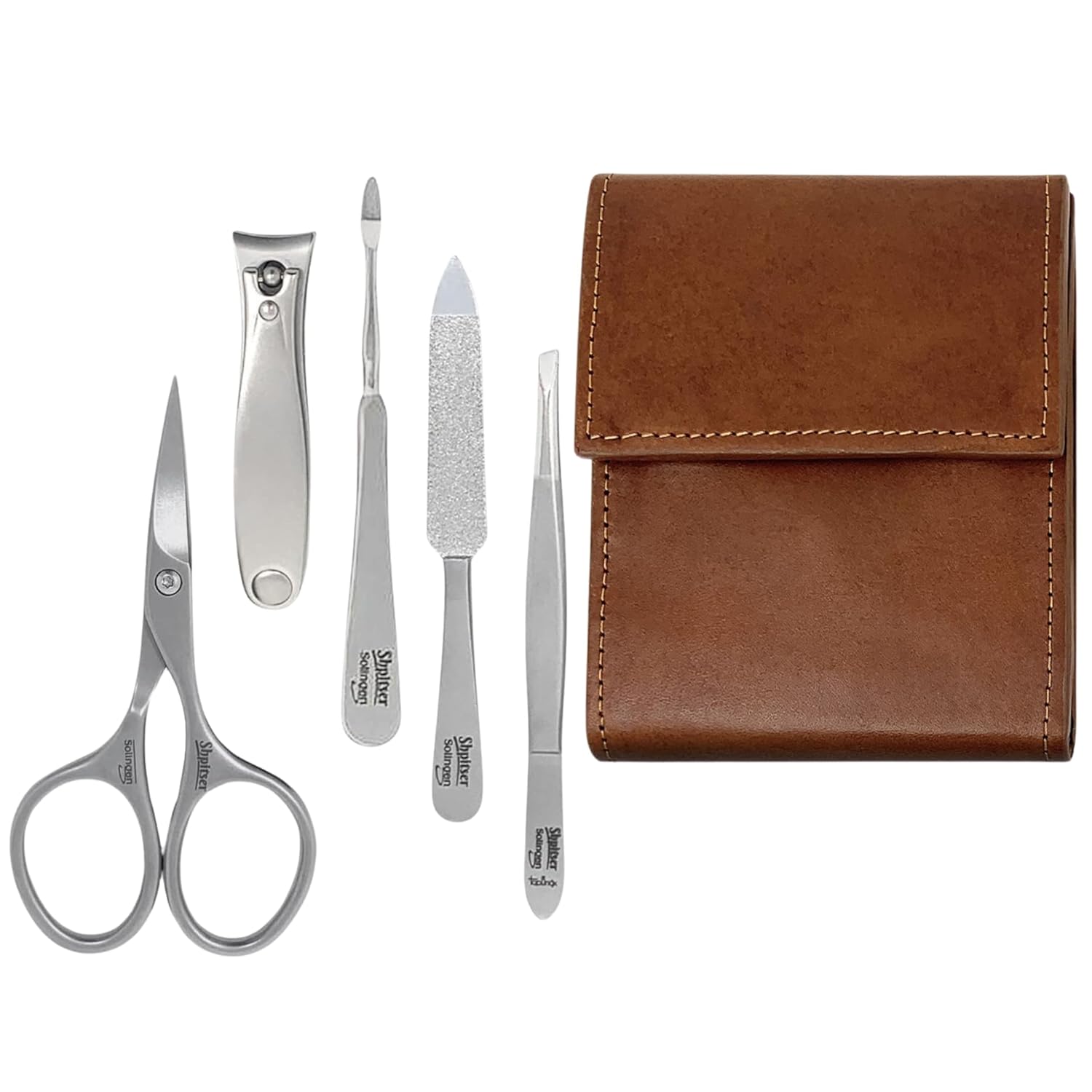 Shpitser Nail Kit, Manicure and Pedicure Women Set of 5 tools: Sharp Scissors, Clipper, Tweezers, Nail Cleaner, Nail File, Made in Solingen, Germany, Sturdy Stainless Steel, In Italian Leather Case