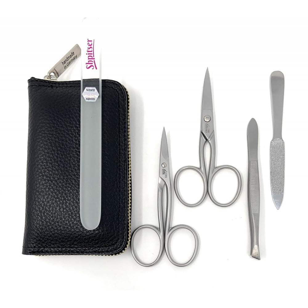 Shpitser Solingen 4 pcs Surgical Stainless Steel German Manicure Set Grooming Kit In Luxury Genuine Leather Case Made in Solingen Germany With BONUS: SHPITSER Crystal glass Nail File