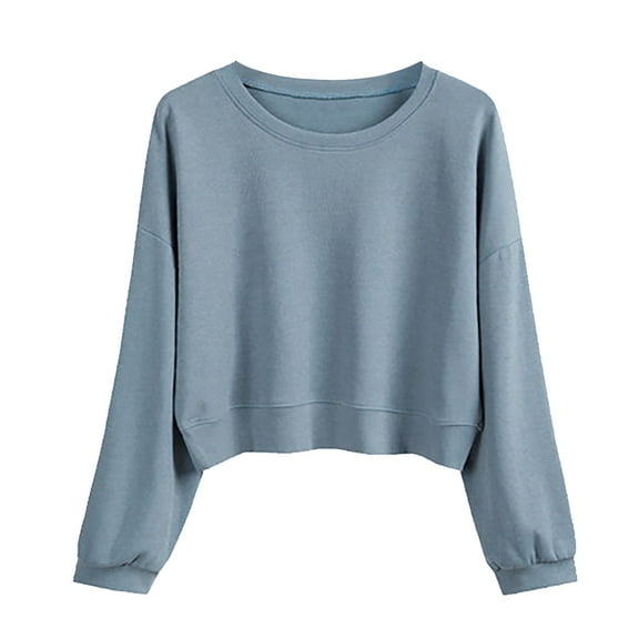 Shpwfbe Crop Tops Fall Fashion Women'S Solid Color Round Neck Casual Long Sleeve Cropped Sweater Top Hoodies Blue XL
