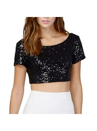 トップス Women's SPARKLE LOGO CROPPED TEE / BLK Sequins Crop Tops for Women Fashion Long Sleeve Crew Neck