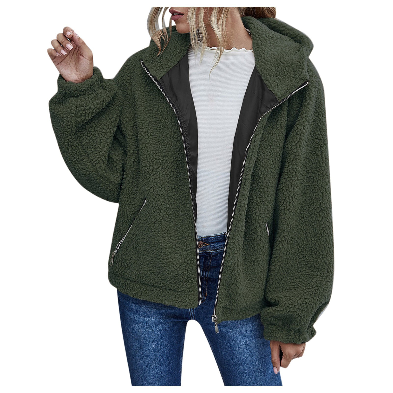 Plush and Thickened Coral Velvet Autumn and Winter Loose Hooded Warm Sweater  for Women Zippered Lamb Wool jacket-Green-5XL : : Clothing, Shoes  & Accessories