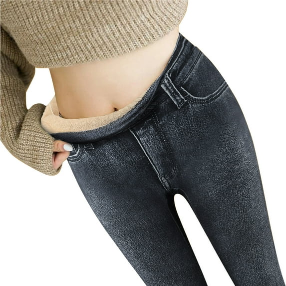 Shpwfbe Jeans For Women Fleece Lined Leggings Women'S Imitation Denim High Waist Trouser Loose Thickened Warm Pant Plush Straight Long Soft Pants Stretch Pants Jeans For Women Trendy Stretch Grey M