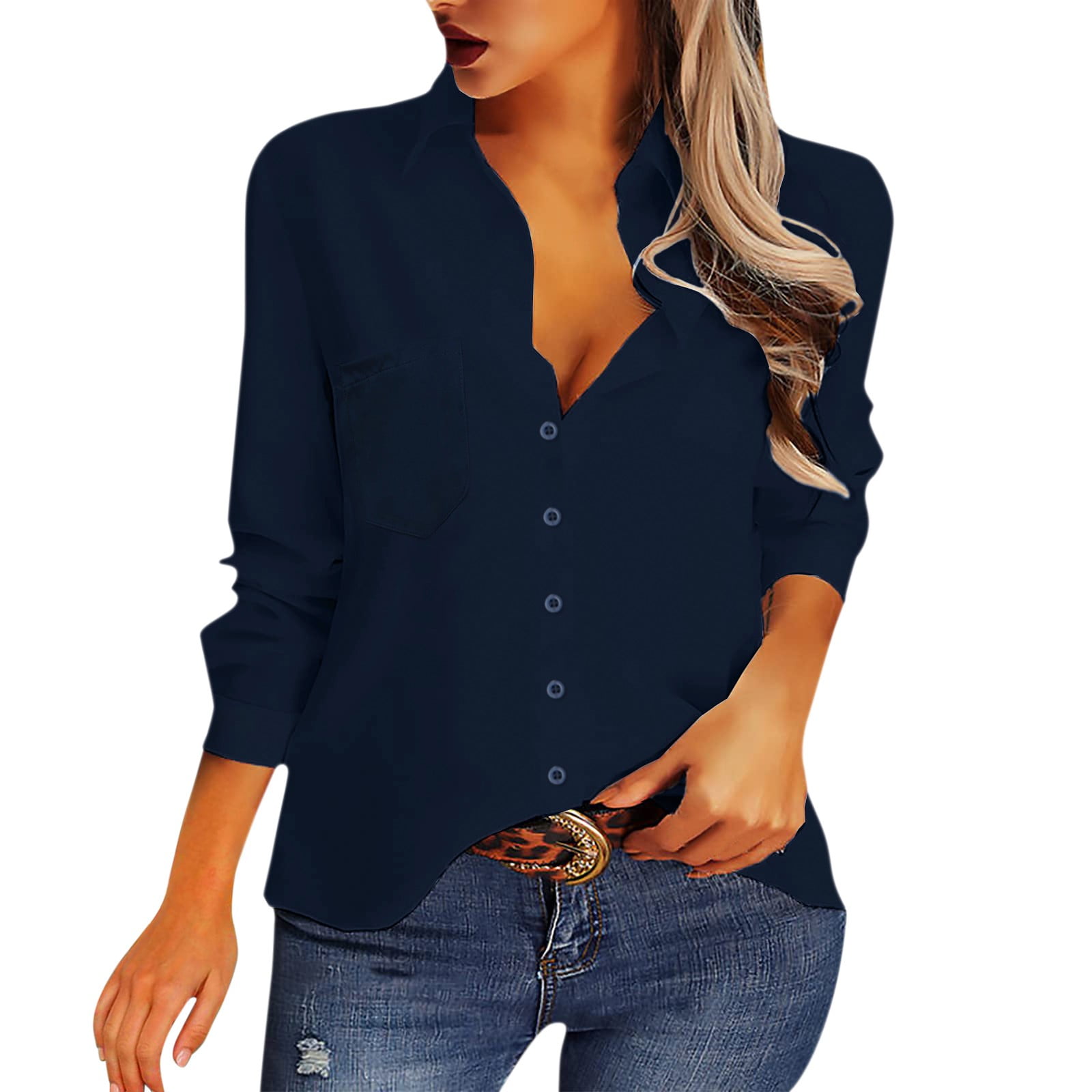 Shpwfbe Long Sleeve Shirts For Women Tops For Women 2023 Women Casual  Button Down Shirt V Neck Long Sleeve Collared Office Work Blouse Fashion  Top With Pocket Ladies Tops And Blouses Navy XL 