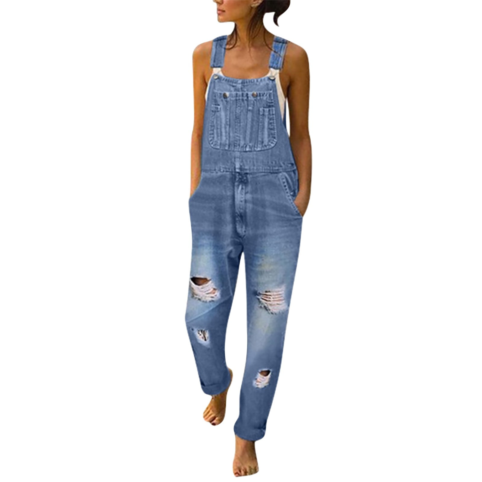 Women’s Denim Bib Overall Shorts – Adjustable Straps, Cuffed Hem, Casual Romper With Pockets, Loose Fit For Everyday Wear
