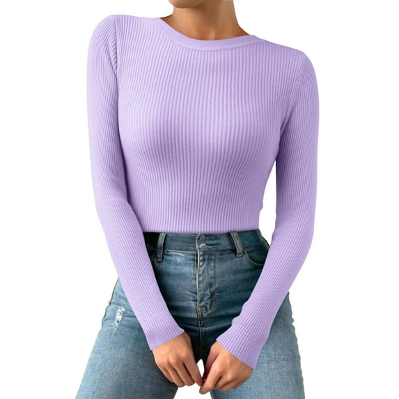 Shpwfbe Thermal Underwear for Women Thermal Shirts for Women Basic Round Neck Solid Color Knit Long Sleeve Bodysuit Top Purple One Size, Long Sleeve Undershirt for Women, Womens Thermal Tops