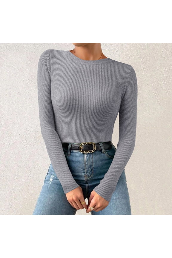 Thermal Underwear for Women Thermal Shirts for Women Multicolor Basic Round Neck Solid Color Knit Long Sleeve Bodysuit Top Grey One Size, Long Sleeve Undershirt for Women, Womens Thermal Tops