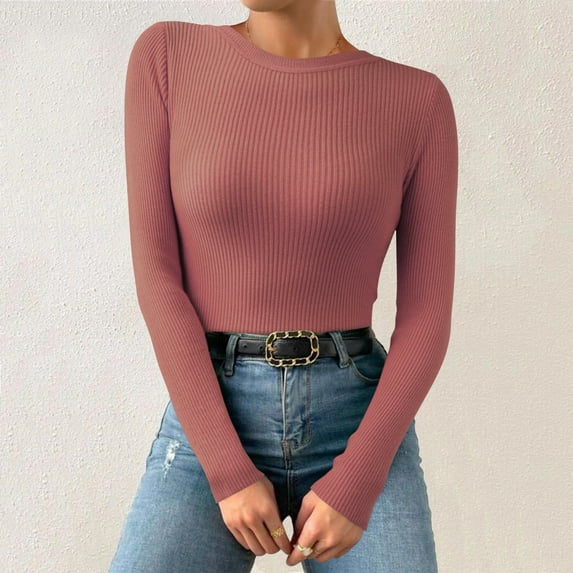 Shpwfbe Thermal Underwear for Women Thermal Shirts for Women Multicolor Basic Round Neck Solid Color Knit Long Sleeve Bodysuit Top Red 2 One Size, Long Sleeve Undershirt for Women, Womens Thermal Tops