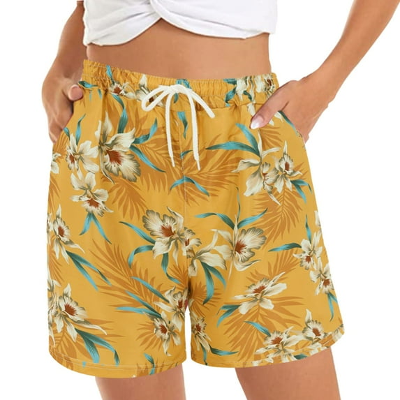 Shpwfbe Women Beach Shorts Casual Shorts Summer Comfy Beach Shorts Elastic Waist Floral Print with 2 Pockets Womens Pants 95% Polyester, Spandex