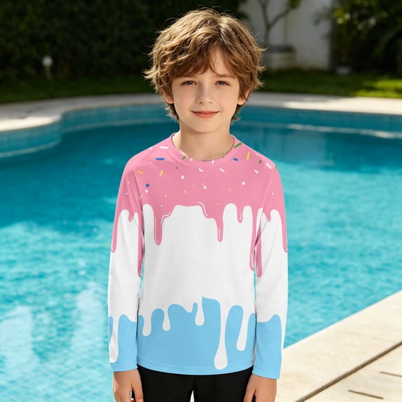 Shqvo Boys UPF 50+ Rash Guard Swim Shirt Ice Cream Print Long Sleeve UV Sun Protection Water Shirts for Beach Surf