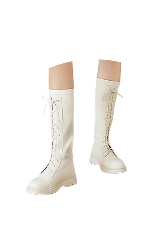 Girls Lace-Up Combat Boots With Side Zipper Bow, Knee-High/Mid Calf Boots Lug Sole Golden Shoelaces/Leopard Print Combat Boots Dress/School Boots, Black/Whtie Boots For Girls