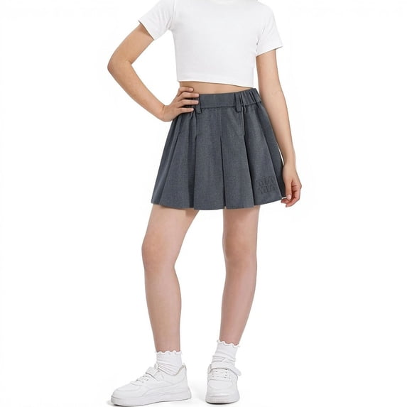 Shqvo Girls Pleated School Uniform Skirt, Elastic Side Waist Twill Skirt Kids Preppy A‑Line Mini Skirt for Back To School Daily Campus Wear