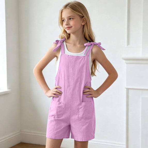 Shqvo Girls Romper Sleeveless Adjustable Tie-Up Strap Short Jumpsuits Summer Clothes with Pocket 5-14 Years