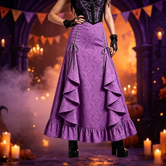 Shqvo Halloween Victorian Gothic Maxi Skirt, Women's High Waist Jacquard Ruffled Long Skirt, Renaissance Witch Cosplay Bottom for Theme Party