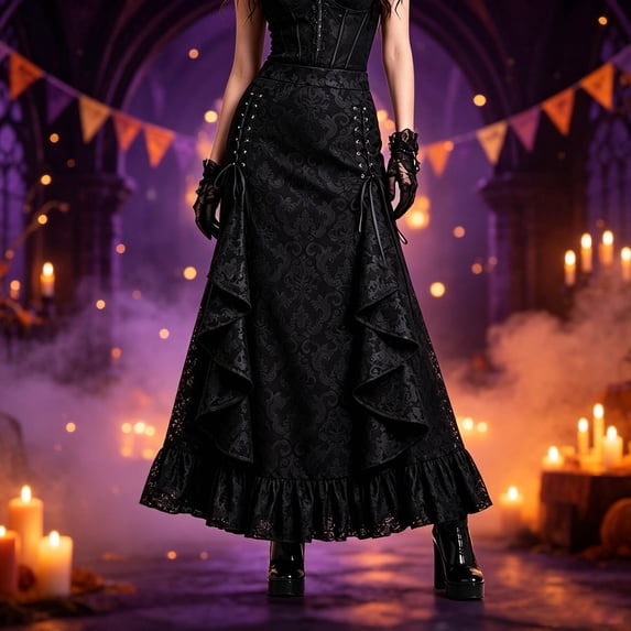 Shqvo Halloween Victorian Gothic Maxi Skirt, Women's High Waist Jacquard Ruffled Long Skirt, Renaissance Witch Cosplay Bottom for Theme Party