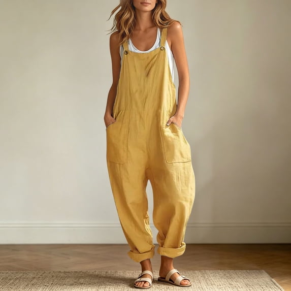 Shqvo Jumpsuits for Women Cotton Linen Overalls Adjustable Strap Bib Overalls Casual Baggy Summer Romper with Pockets 2026