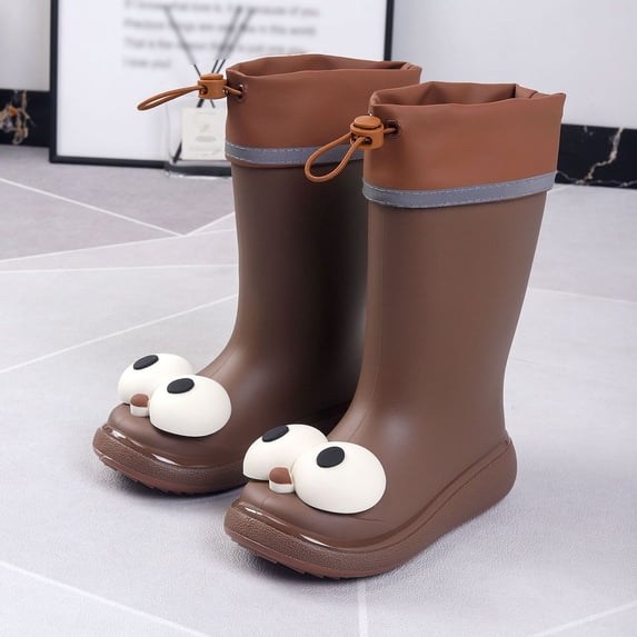 Shqvo Kids Cartoon Big Eye Rain Boots Waterproof Anti Skid Mid Calf Drawstring Cute Rain Shoes for Boys Girls Toddler Youth Outdoor Fun Rainy Day