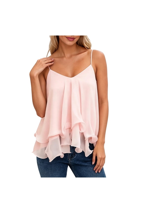 Tank Tops for Women Summer V Neck Cami Tops 2026 Sleeveless Ruffle Hem Shirt Chiffon Flowy Camisole Blouses