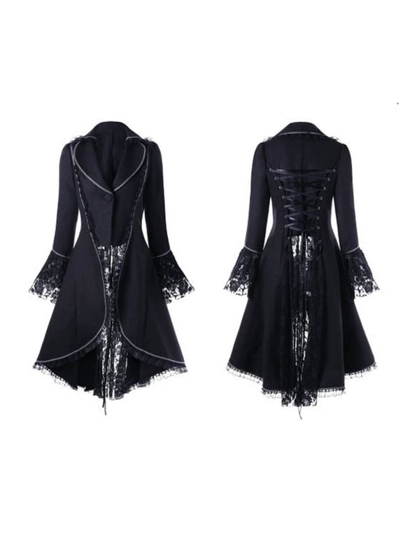 Women Gothic Chiffon Midi Dress, Off Shoulder Flare Long Sleeve Lace-Up High Low Hem Witch Costume Dress for Halloween Party