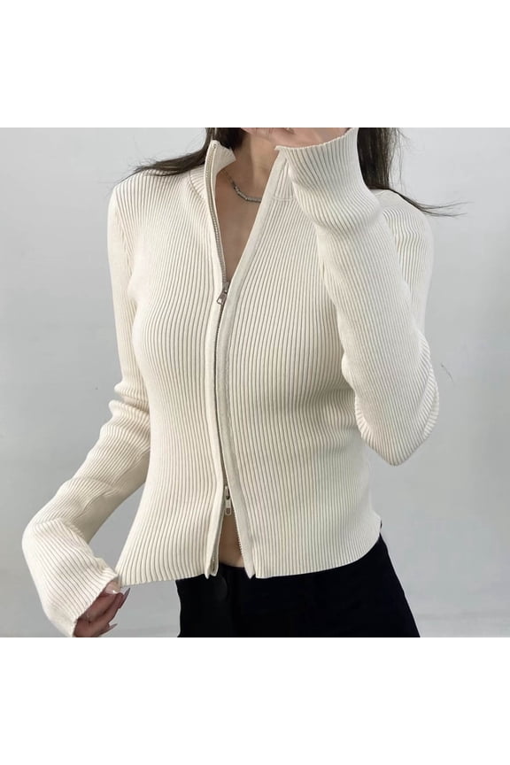 Women's Front Zipper Cardigan Sweater Long Sleeve Slim Fit Tight Stretch Slimming Turn Down Collar Double Zip Up Pullover Sweaters Outerwear