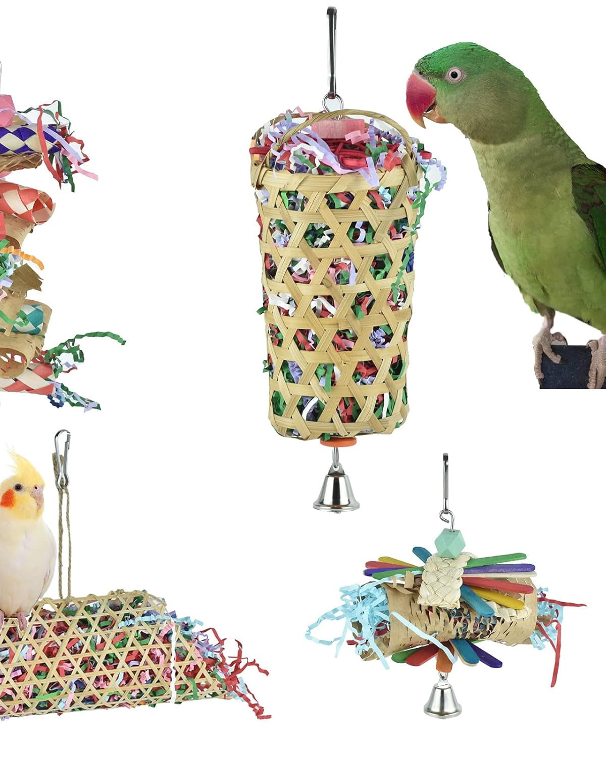 Shredder Foraging Feeder Bird Toys Treat Basket for Parrots, Conure Shredding Chewing Paper Hanging Cage Climbing Foot Toys with Bell for Parakeets Cockatiel African Grey