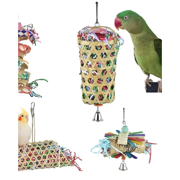 Shredder Foraging Feeder Bird Toys Treat Basket for Parrots, Conure Shredding Chewing Paper Hanging Cage Climbing Foot Toys with Bell for Parakeets Cockatiel African Grey