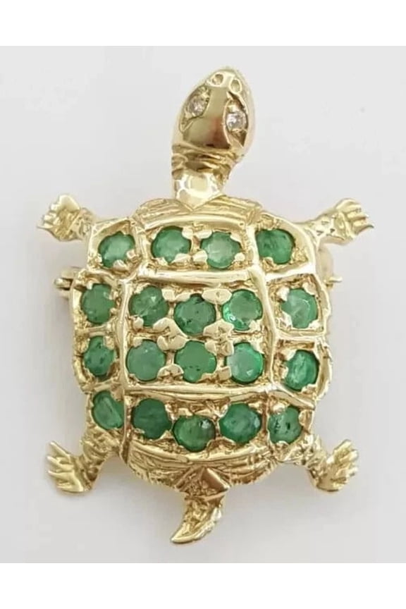 2.50CT Lab-Created Round Cut Green Emerald Turtle Brooch Pin in 14K Yellow Gold Plated