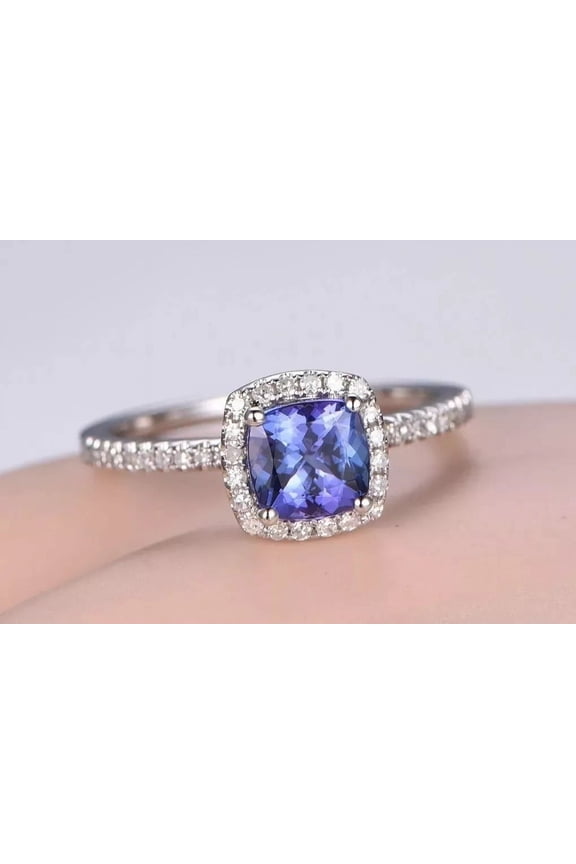 2Ct Cushion Cut Lab-Created Tanzanite Engagement Ring, 14K White Gold Plated