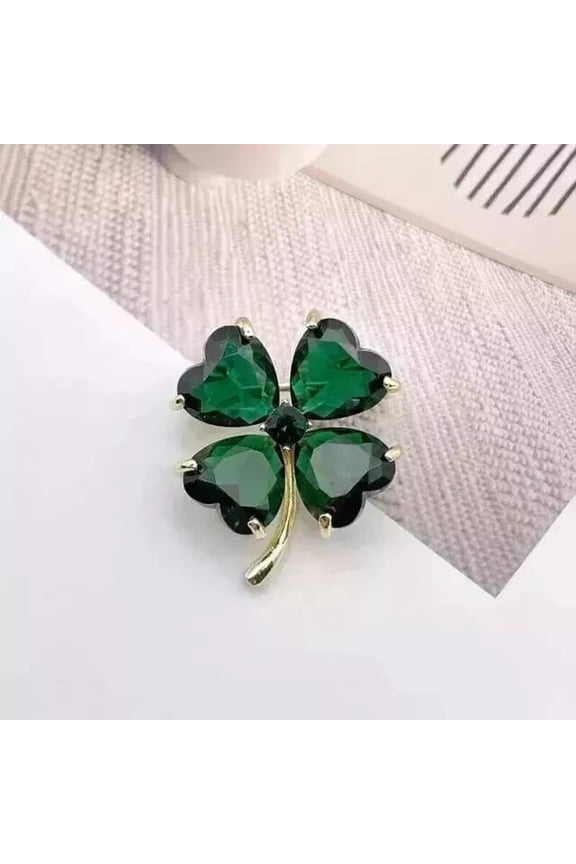 6.00CT Heart Lab-Created Emerald Four Leaf Clover Brooch Pin in 14K Yellow Gold Plated