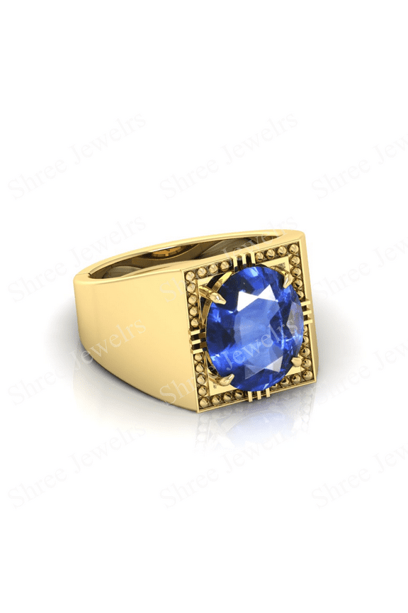 Shree Jewelrs Original Certified Natural Blue Sapphire (Neelam) Ring - 10.00 Ratti Certified Handcrafted Ring Jupiter Ring, PANCHDHATU Gold Plated Ring for Men and Women
