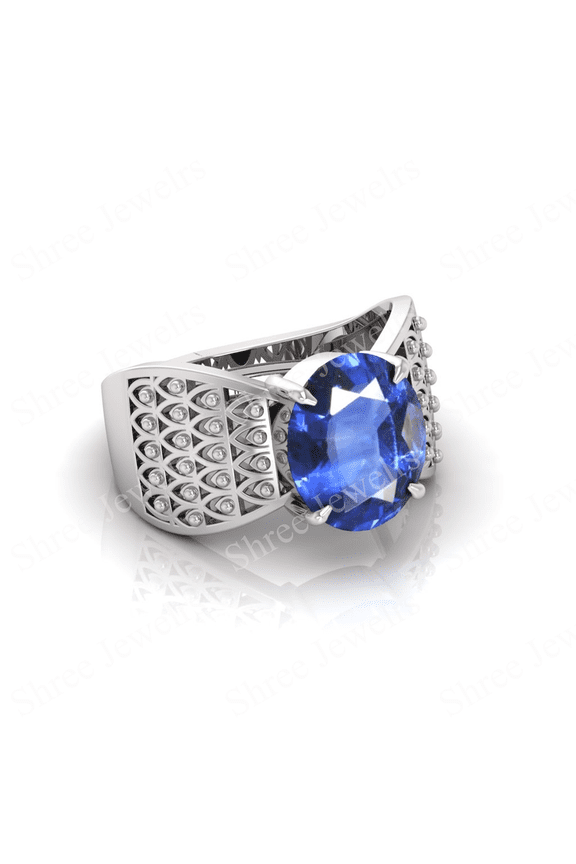 Shree Jewelrs Original Certified Natural Blue Sapphire (Neelam) Ring - 10.25 Carat Certified Handcrafted Ring Jupiter Ring, PANCHDHATU Silver Plated Ring for Men and Women