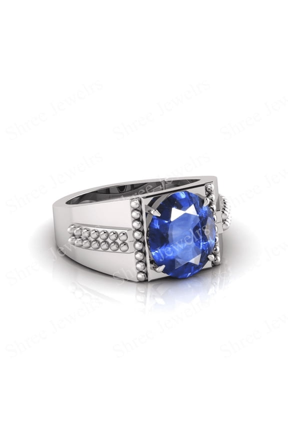 Shree Jewelrs Original Certified Natural Blue Sapphire (Neelam) Ring - 3.75 Carat Certified Handcrafted Ring Jupiter Ring, PANCHDHATU Silver Plated Ring for Men and Women