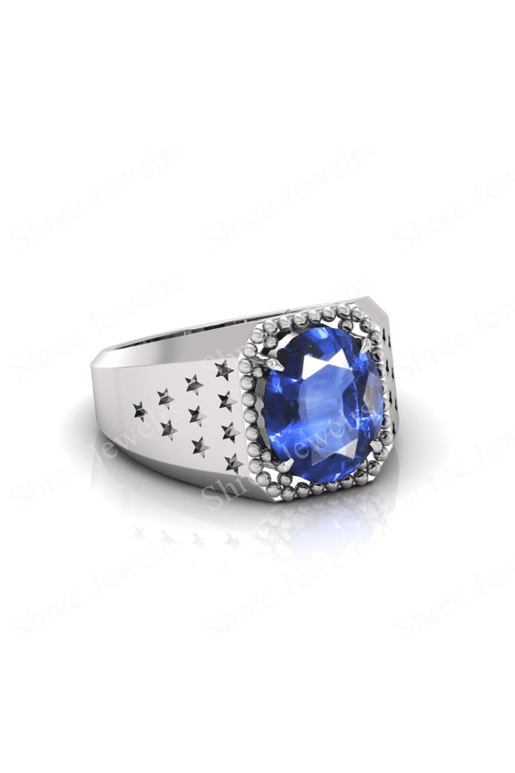 Shree Jewelrs Original Certified Natural Blue Sapphire (Neelam) Ring - 6.75 Carat Certified Handcrafted Ring Jupiter Ring, PANCHDHATU Silver Plated Ring for Men and Women