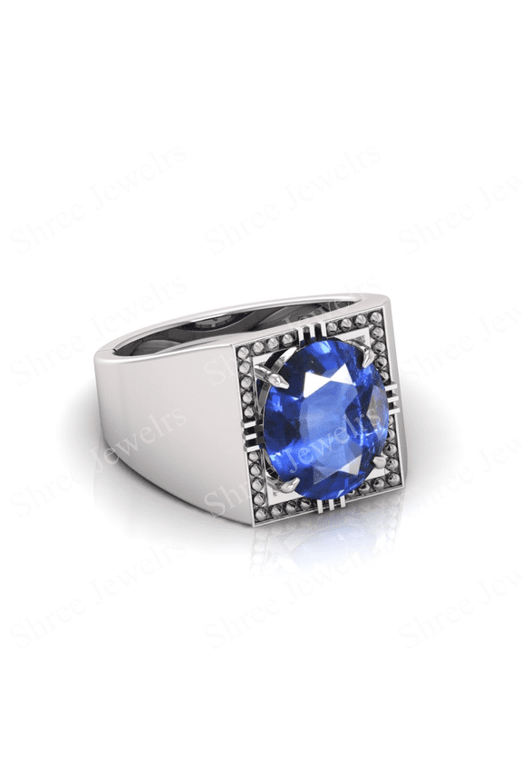 Shree Jewelrs Original Certified Natural Blue Sapphire (Neelam) Ring - 7.00 Carat Certified Handcrafted Ring Jupiter Ring, PANCHDHATU Silver Plated Ring for Men and Women