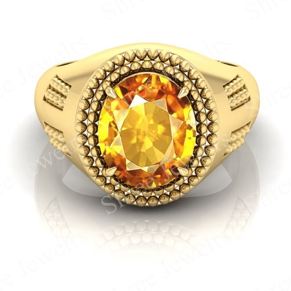 Shree Jewelrs Original Certified Natural Yellow Sapphire (Pukhraj) Ring - 3.00 Ratti Certified Handcrafted Ring Jupiter Ring, PANCHDHATU Gold Plated Ring for Men and Women