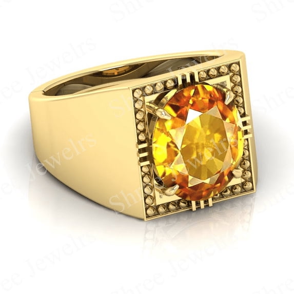 Shree Jewelrs Original Certified Natural Yellow Sapphire (Pukhraj) Ring - 3.75 Carat Certified Handcrafted Ring Jupiter Ring, PANCHDHATU Gold Plated Ring for Men and Women