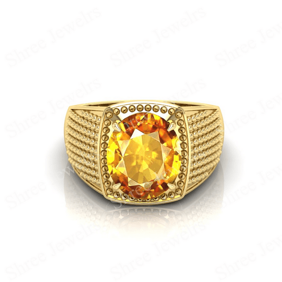 Shree Jewelrs Original Certified Natural Yellow Sapphire (Pukhraj) Ring - 7.75 Carat Certified Handcrafted Ring Jupiter Ring, PANCHDHATU Gold Plated Ring for Men and Women