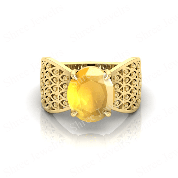 Shree Jewelrs Original Certified Natural Yellow Sapphire (Pukhraj) Ring - 8.25 Ratti Certified Handcrafted Ring Jupiter Ring, PANCHDHATU Gold Plated Ring for Men and Women
