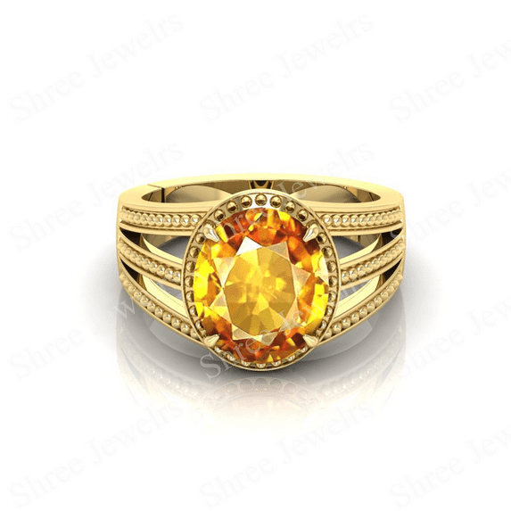 Shree Jewelrs Original Certified Natural Yellow Sapphire (Pukhraj) Ring - 9.25 Ratti Certified Handcrafted Ring Jupiter Ring, PANCHDHATU Gold Plated Ring for Men and Women