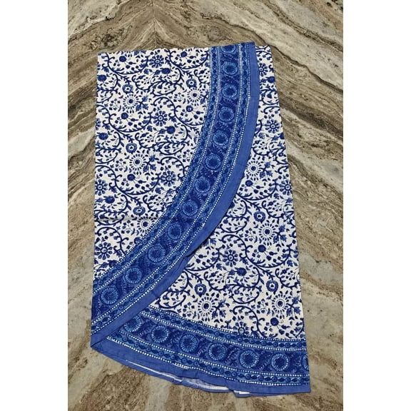 Shree Textile-25 48 x 48 Inch Art Deco Block Printed Blue Floral Cotton Tablecloth