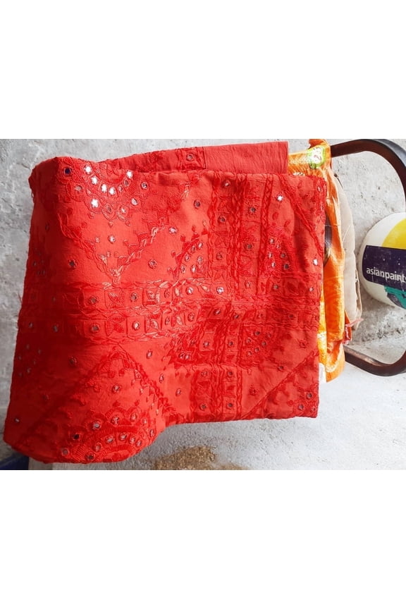 Art Deco Amber Fort Palace Red Traditional & Luxury Cotton With Silk Bedspread, King - Hand Mirror Stitched Work, Luxury & Ethnic
