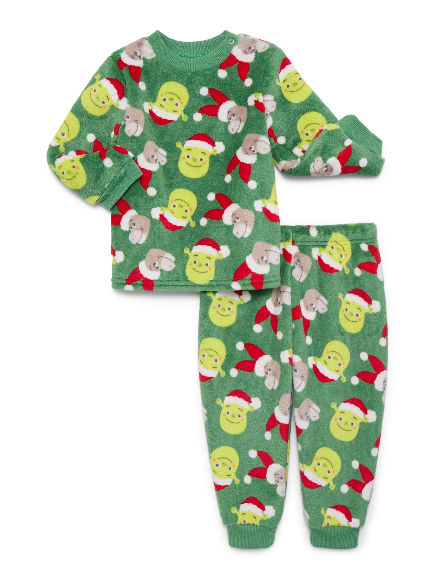 Walmart discounts of Christmas Shrek Baby Boys or Girls Print Plush Top and Pants Set, 2-Piece, Sizes Newborn-24M