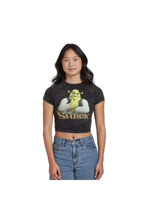 Shrek Character Logo Women's Black MIneral Wash Crew Neck Short Sleeve Cropped Baby Tee-Large