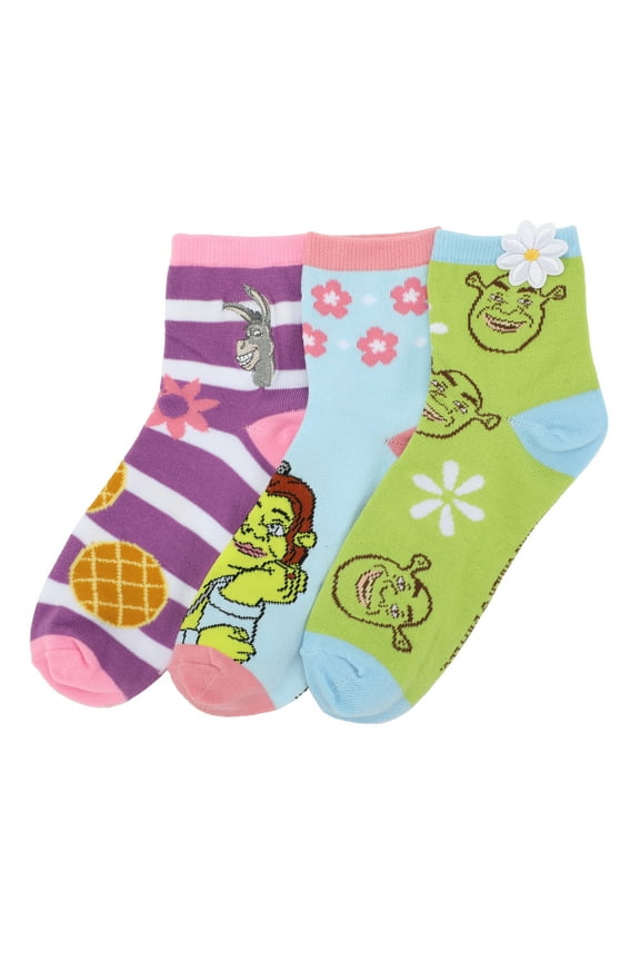 Shrek Characters & 3D Flowers Women's 3-Pair Casual Quarter Crew Ankle Socks