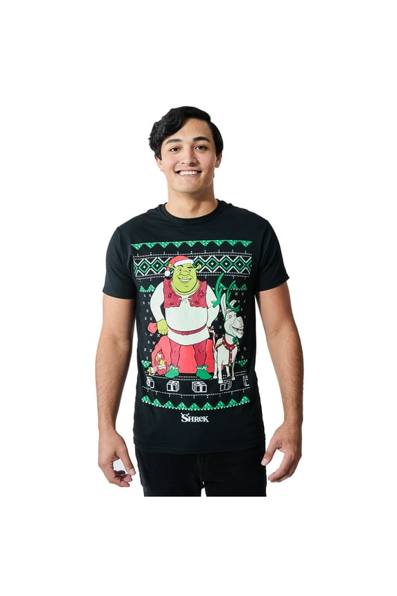 Shrek & Donkey Holiday Sweater Pattern Men's Charcoal Crew Neck Short Sleeve T-shirt-Medium