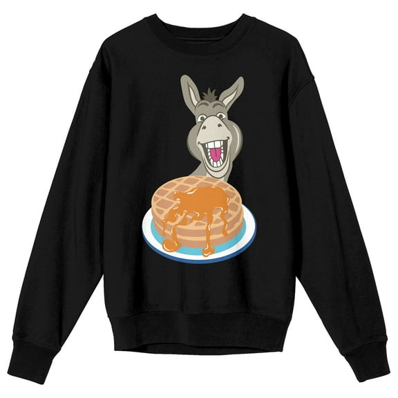 Shrek Donkey With Pancakes Crew Neck Long Sleeve Black Adult Sweatshirt-Medium