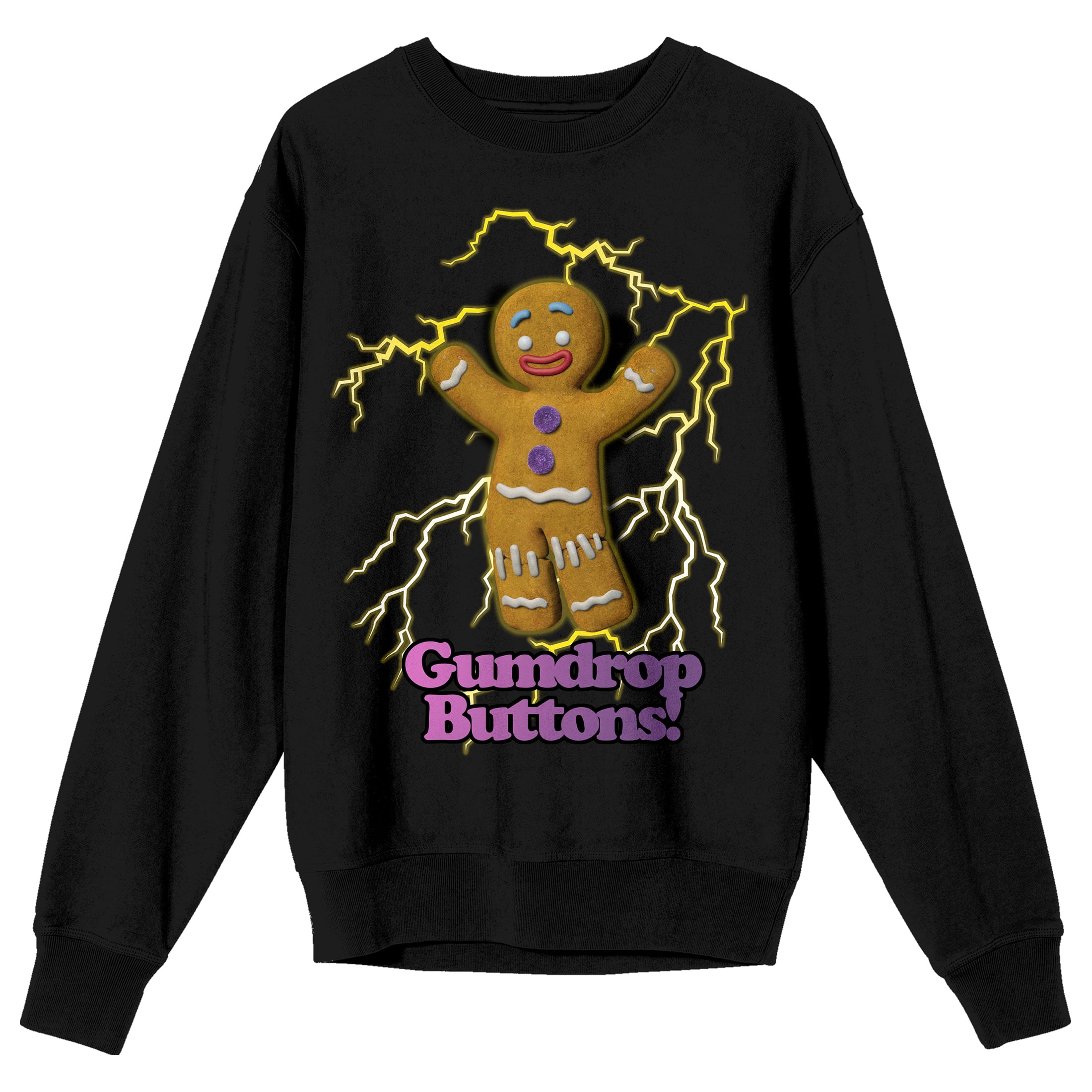 Shrek Button Shrek Gumdrop Buttons Crew Neck Long Sleeve Black Adult Sweatshirt ...