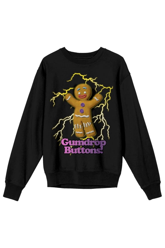 Shrek Gumdrop Buttons Crew Neck Long Sleeve Black Adult Sweatshirt-Small
