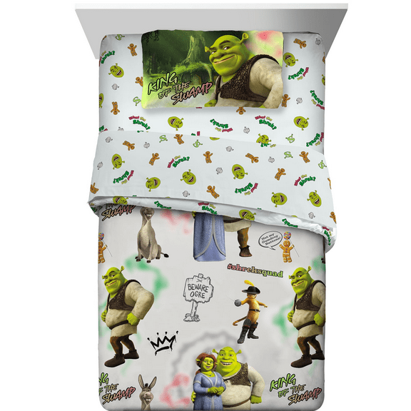 Shrek Kids 4 Piece Gray Reversible Comforter, Bed in a Bag, Twin