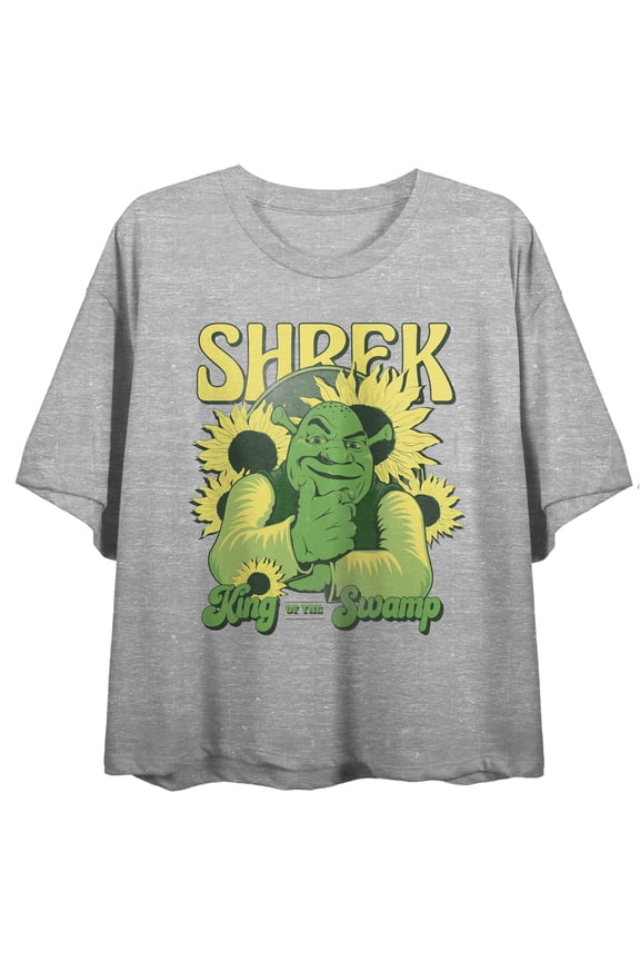 Shrek King Of The Swamp Crew Neck Short Sleeve Women's Gray Heather Crop Top-XL